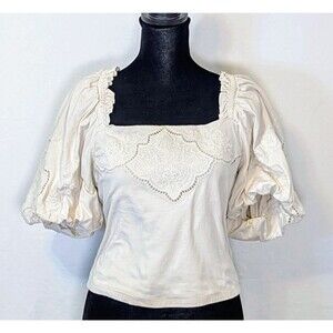 Express Womens Crop Top Puff Sleeve Embroidered Cotton Cottagecore Milkmaid M